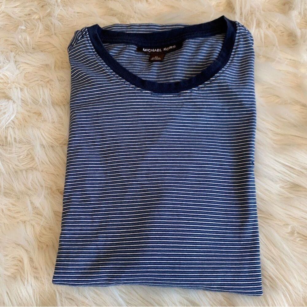 Michael Kors Mens Blue White Striped T-Shirt Short Sleeve Crew Neck Size XL